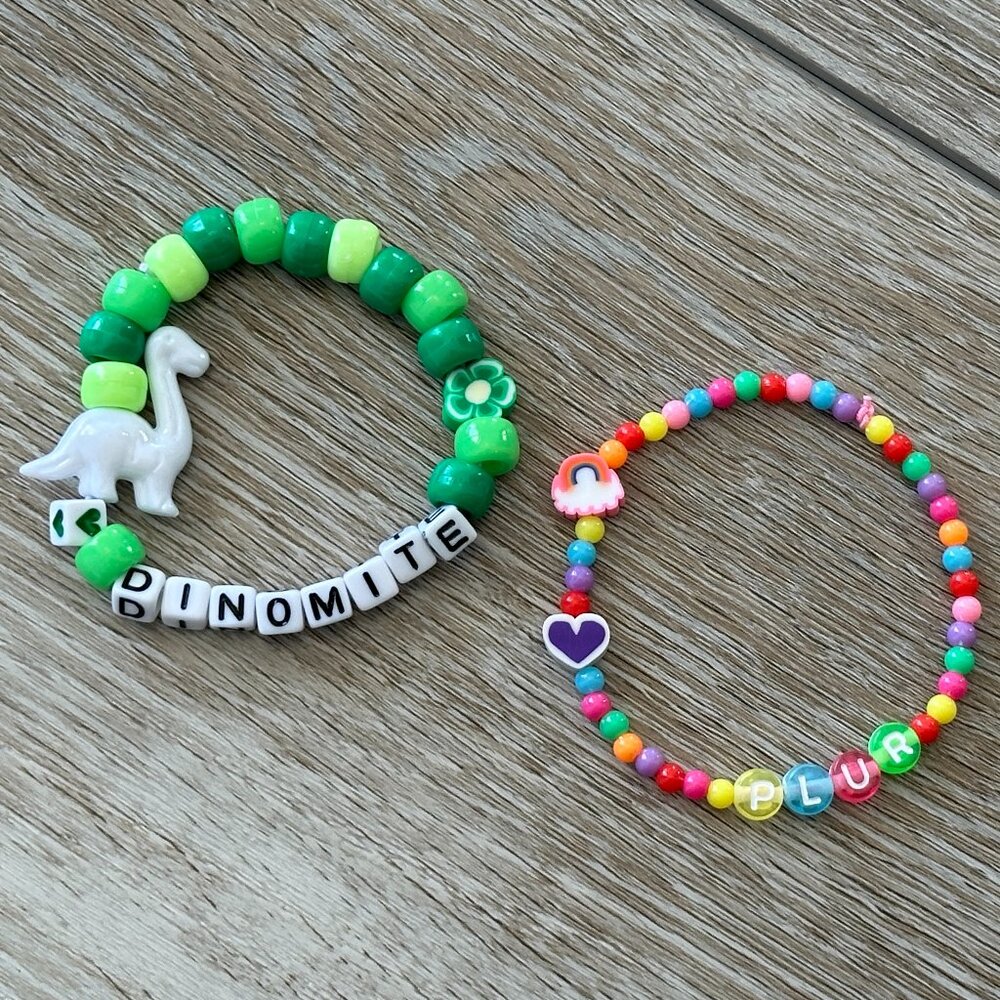 NEW Lot of 2 Kandi Bracelets EDM Rave Festival Dinosaur PLUR Colorful Fun